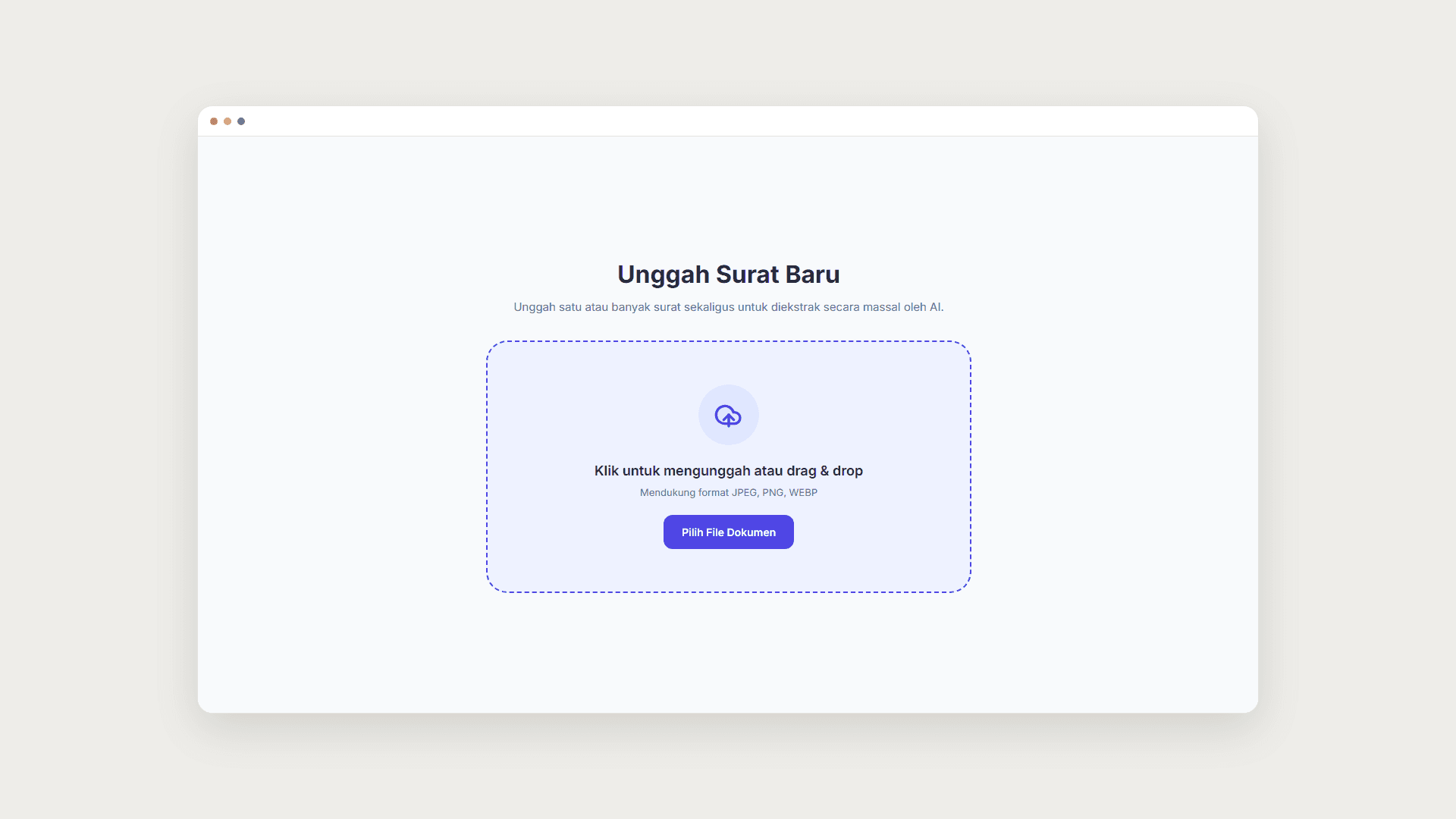 Mockup antarmuka pemindai surat saat mengunggah tumpukan surat fisik untuk langsung diubah menjadi arsip digital